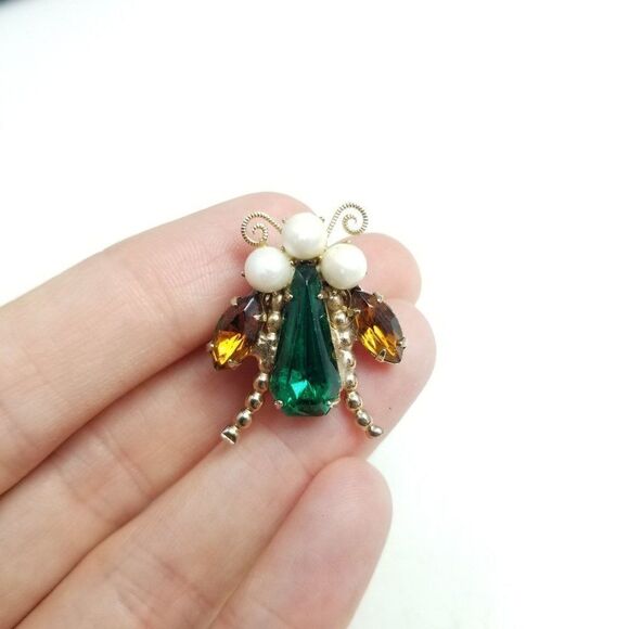Vintage Little Fly Insect Bug Brooch, Rhinestone Body Faux Pearls, Retro Estate - Picture 5 of 6